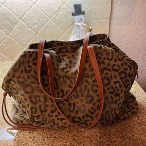 Tan and black leopard tote